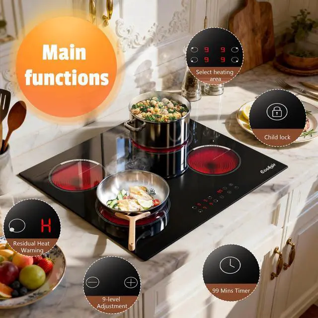 Alt view image 2 of 7 - Electric Cooktop 24 Inch Drop-in 6000W 240V Hard Wired | 4 Burner Electric Stove Top 24 In Sensor Touch Control, Timer, Kids Safety Lock, Cut-out Size: 22.05"x19.3", 220V Hard Wired