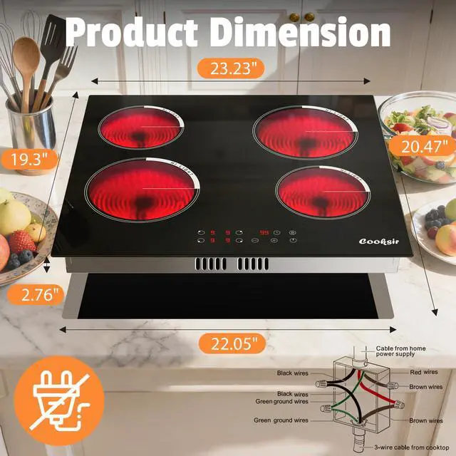Alt view image 3 of 7 - Electric Cooktop 24 Inch Drop-in 6000W 240V Hard Wired | 4 Burner Electric Stove Top 24 In Sensor Touch Control, Timer, Kids Safety Lock, Cut-out Size: 22.05"x19.3", 220V Hard Wired
