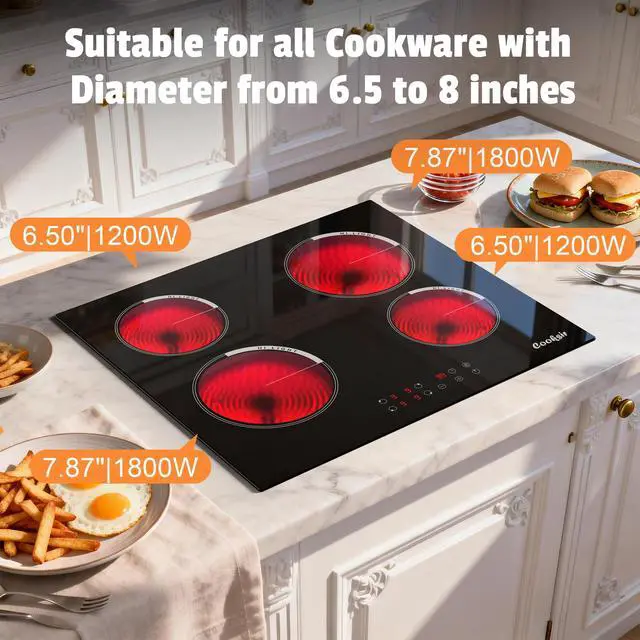 Alt view image 4 of 7 - Electric Cooktop 24 Inch Drop-in 6000W 240V Hard Wired | 4 Burner Electric Stove Top 24 In Sensor Touch Control, Timer, Kids Safety Lock, Cut-out Size: 22.05"x19.3", 220V Hard Wired