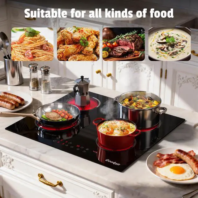 Alt view image 5 of 7 - Electric Cooktop 24 Inch Drop-in 6000W 240V Hard Wired | 4 Burner Electric Stove Top 24 In Sensor Touch Control, Timer, Kids Safety Lock, Cut-out Size: 22.05"x19.3", 220V Hard Wired