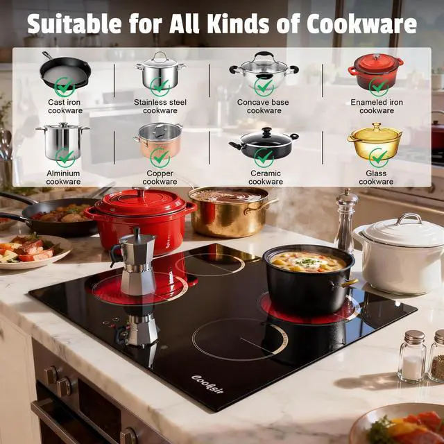 Alt view image 6 of 7 - Electric Cooktop 24 Inch Drop-in 6000W 240V Hard Wired | 4 Burner Electric Stove Top 24 In Sensor Touch Control, Timer, Kids Safety Lock, Cut-out Size: 22.05"x19.3", 220V Hard Wired