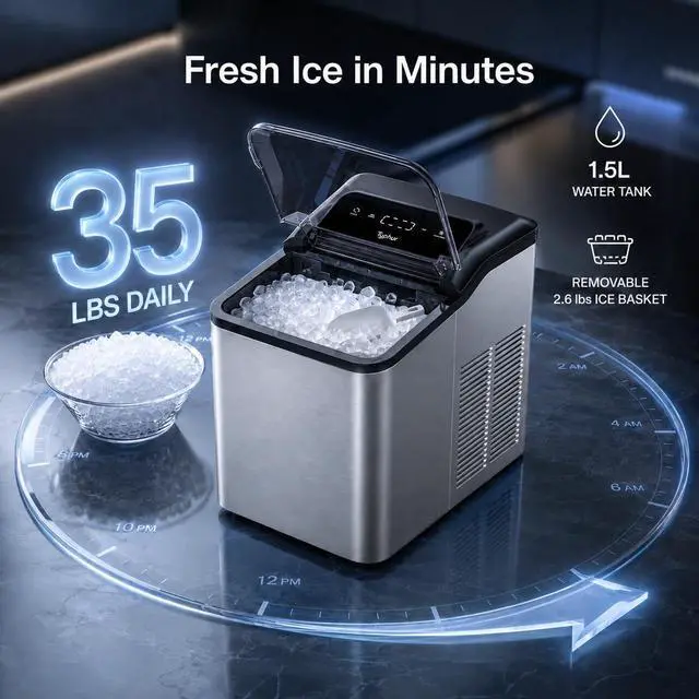 Alt view image 4 of 6 - Fast Nugget Ice Maker, 35lbs/24H Pebble Chewable Ice Machine Countertop, Powerful Self-Cleaning Pump with 8-Pack Cleaner, Stainless Steel, Dual Ice Scoops for Camping, Home, RV