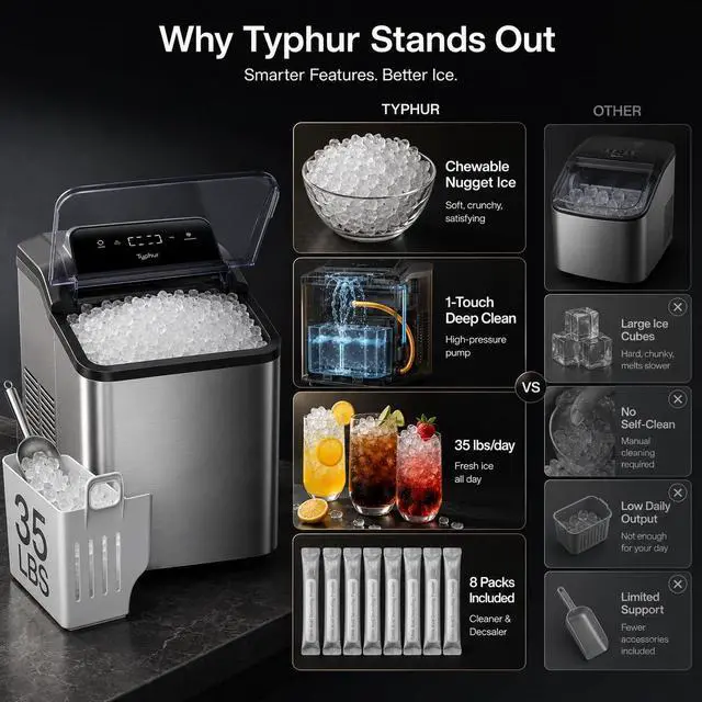 Alt view image 6 of 6 - Fast Nugget Ice Maker, 35lbs/24H Pebble Chewable Ice Machine Countertop, Powerful Self-Cleaning Pump with 8-Pack Cleaner, Stainless Steel, Dual Ice Scoops for Camping, Home, RV