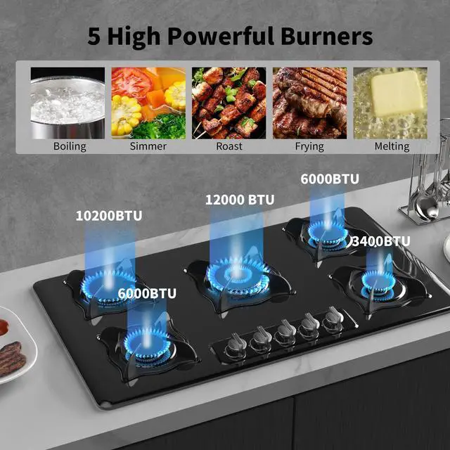 Alt view image 2 of 7 - Gas Cooktop 36 Inch, 5 Burner Gas Stove Top Built-in Propane Stove Stainless Steel, NG/LPG Dual Fuel Auto Ignition Propane Cooktop, Thermocouple Protection
