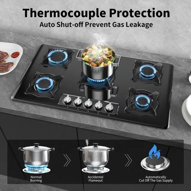 Alt view image 3 of 7 - Gas Cooktop 36 Inch, 5 Burner Gas Stove Top Built-in Propane Stove Stainless Steel, NG/LPG Dual Fuel Auto Ignition Propane Cooktop, Thermocouple Protection