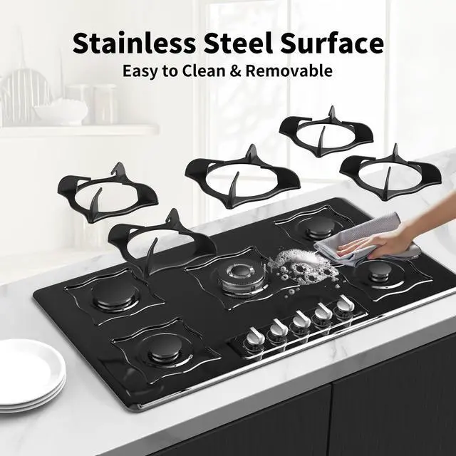 Alt view image 4 of 7 - Gas Cooktop 36 Inch, 5 Burner Gas Stove Top Built-in Propane Stove Stainless Steel, NG/LPG Dual Fuel Auto Ignition Propane Cooktop, Thermocouple Protection