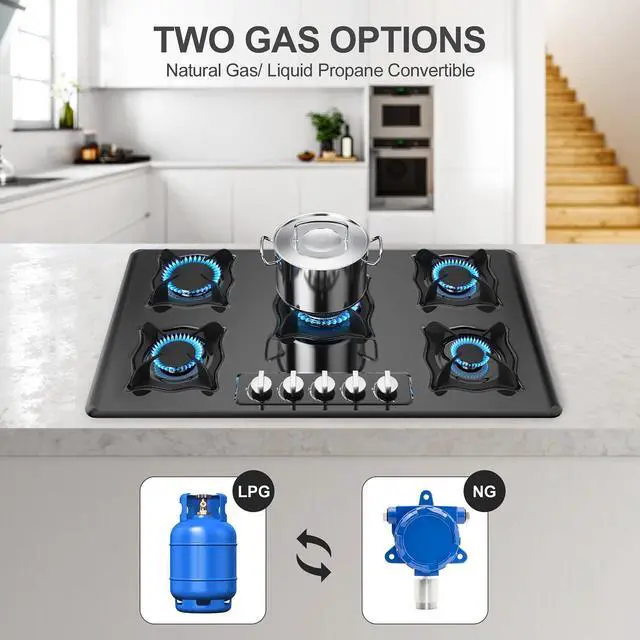 Alt view image 5 of 7 - Gas Cooktop 36 Inch, 5 Burner Gas Stove Top Built-in Propane Stove Stainless Steel, NG/LPG Dual Fuel Auto Ignition Propane Cooktop, Thermocouple Protection