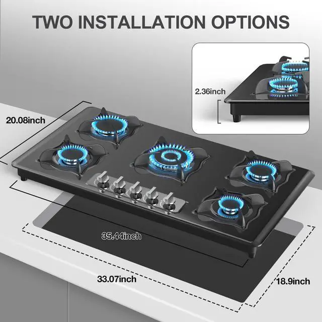 Alt view image 6 of 7 - Gas Cooktop 36 Inch, 5 Burner Gas Stove Top Built-in Propane Stove Stainless Steel, NG/LPG Dual Fuel Auto Ignition Propane Cooktop, Thermocouple Protection