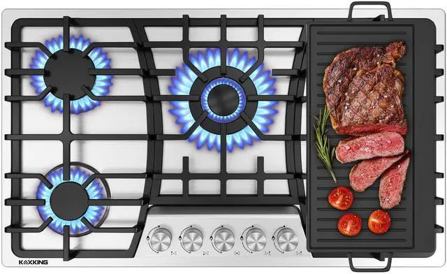 Main image of 36 Inch Gas Cooktop with Griddle, Gas Stove Top with 5, Reversible Cast Iron Grill/Griddle, NG/LPG Convertible, with Thermocouple Protection, Stainless Steel