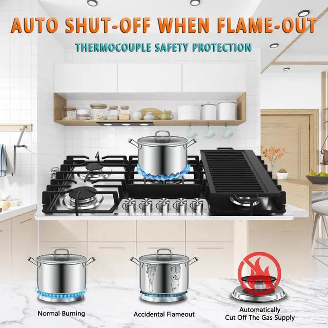 Alt view image 5 of 6 - 36 Inch Gas Cooktop with Griddle, Gas Stove Top with 5, Reversible Cast Iron Grill/Griddle, NG/LPG Convertible, with Thermocouple Protection, Stainless Steel