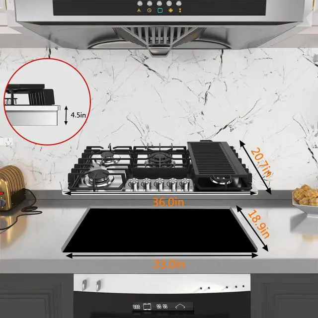 Alt view image 6 of 6 - 36 Inch Gas Cooktop with Griddle, Gas Stove Top with 5, Reversible Cast Iron Grill/Griddle, NG/LPG Convertible, with Thermocouple Protection, Stainless Steel