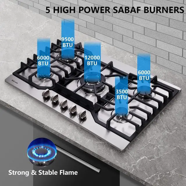Alt view image 2 of 7 - 30 Inch Gas Cooktop, Stainless Steel Built-in 5 Burners Gas Stovetop LPG/NG Convertible Gas Stove Top Dual Fuel Gas Hob DM527-05