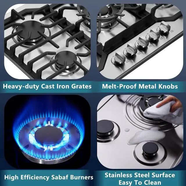 Alt view image 3 of 7 - 30 Inch Gas Cooktop, Stainless Steel Built-in 5 Burners Gas Stovetop LPG/NG Convertible Gas Stove Top Dual Fuel Gas Hob DM527-05