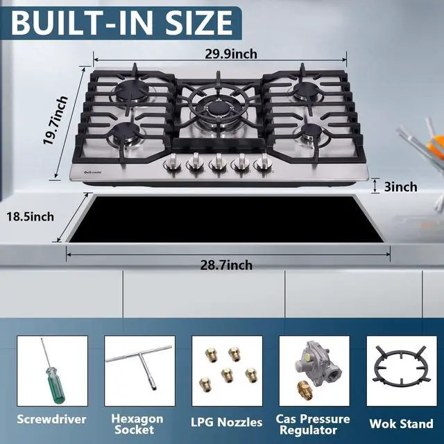 Alt view image 4 of 7 - 30 Inch Gas Cooktop, Stainless Steel Built-in 5 Burners Gas Stovetop LPG/NG Convertible Gas Stove Top Dual Fuel Gas Hob DM527-05