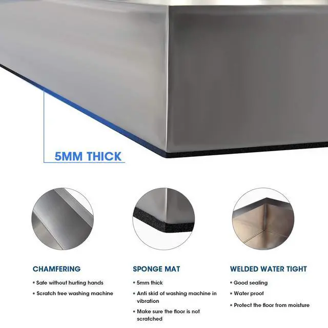 Alt view image 4 of 6 - 28" x 30" x 2.5" Washing Machine Pan, Leak Protection for Laundry Room | Washing Machine Tray with Anti-Slip Bottom Pad, Raised Edge Drain Pan, No Hole, Heavy Duty 304 Stainless Steel