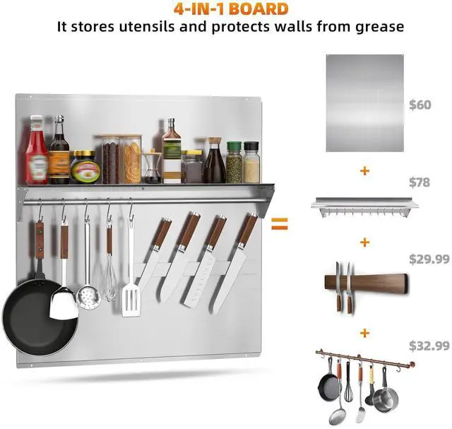Alt view image 2 of 7 - 30"x30" Stainless Steel Range Backsplash, Stove Backsplash With Storage Shelf & Magnetic Knife Rack, Stainless Steel Backsplash For Stove, Range Hood Wall Shield With Pre-Drilled Holes