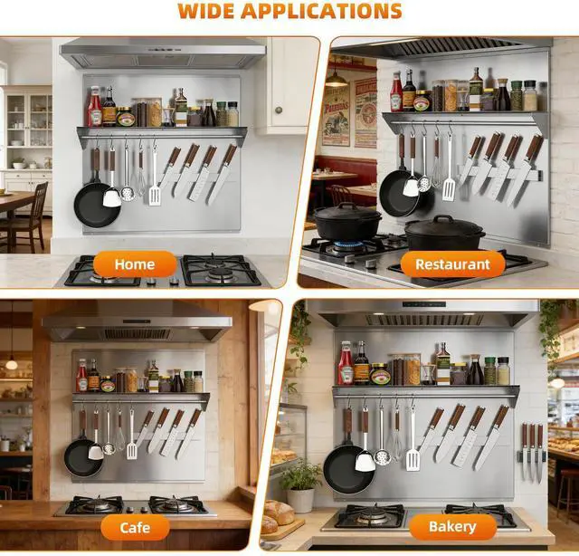 Alt view image 3 of 7 - 30"x30" Stainless Steel Range Backsplash, Stove Backsplash With Storage Shelf & Magnetic Knife Rack, Stainless Steel Backsplash For Stove, Range Hood Wall Shield With Pre-Drilled Holes