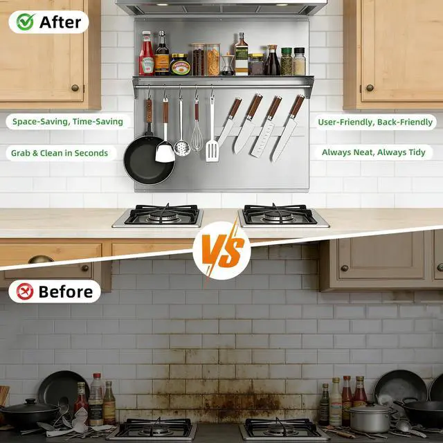 Alt view image 4 of 7 - 30"x30" Stainless Steel Range Backsplash, Stove Backsplash With Storage Shelf & Magnetic Knife Rack, Stainless Steel Backsplash For Stove, Range Hood Wall Shield With Pre-Drilled Holes