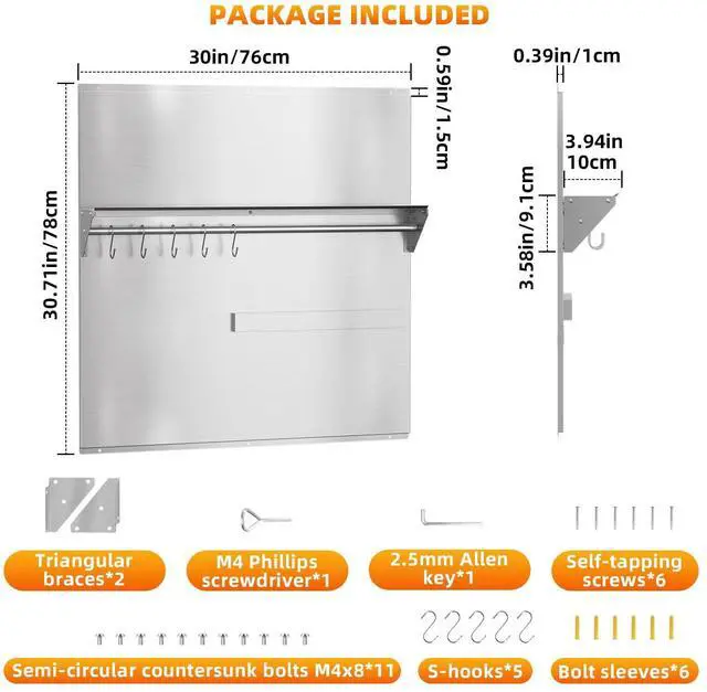 Alt view image 5 of 7 - 30"x30" Stainless Steel Range Backsplash, Stove Backsplash With Storage Shelf & Magnetic Knife Rack, Stainless Steel Backsplash For Stove, Range Hood Wall Shield With Pre-Drilled Holes