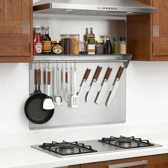 Alt view image 7 of 7 - 30"x30" Stainless Steel Range Backsplash, Stove Backsplash With Storage Shelf & Magnetic Knife Rack, Stainless Steel Backsplash For Stove, Range Hood Wall Shield With Pre-Drilled Holes
