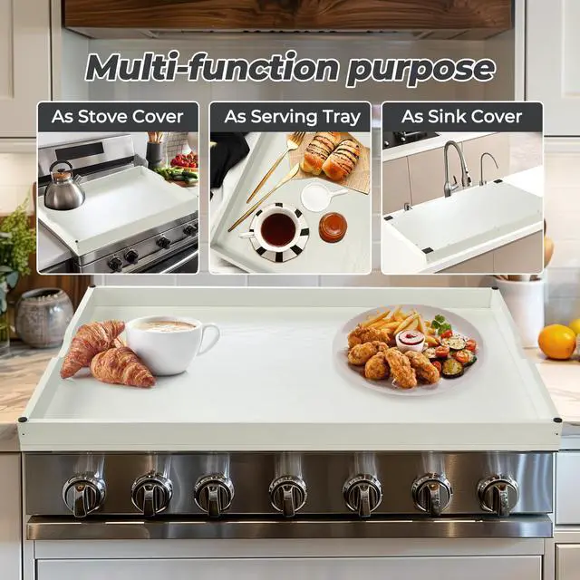 Alt view image 3 of 7 - Noodle Board Stove Covers for Gas Burners, 30"L x 22"W x 2.5"Th Heavyweight Stove Top Covers for Electric Stove, Buil-in Handles, RV Stove Cover, Sink Cover, Wooden Serving Tray (White)