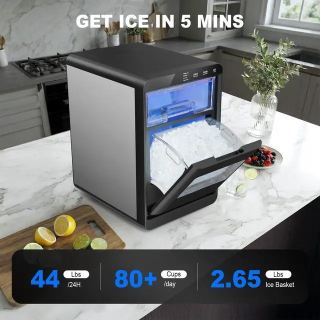 Alt view image 2 of 7 - Nugget Ice Maker Countertop, 44lbs/24h Nugget Ice Machine, Soft Ice Ready in 5-10Mins Pellet Ice Maker, Self-Cleaning Sonic Ice Maker for Home, Kitchen, Office, Party
