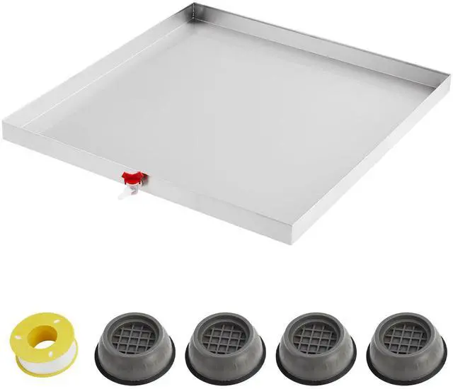 Main image of 27 in x 25 in Washing Machine Pan for Washer Dryer and Small Appliances, Heavy Duty 304 Stainless Steel Washer Drip Tray with Drain Hole & Hose Adapte, 4 Pcs Anti-Vibration Feet