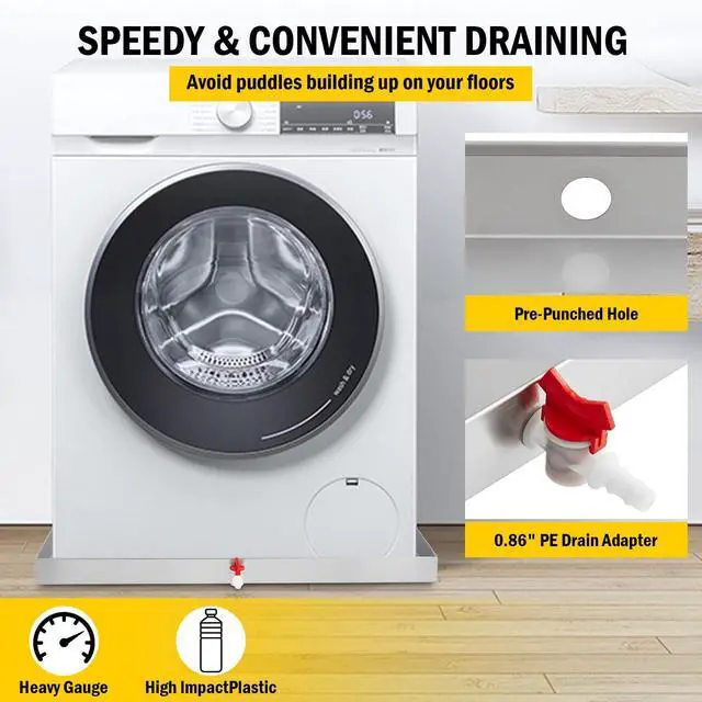 Alt view image 4 of 7 - 28 in x 30 in Washing Machine Pan for Washer and dryer, 304 Stainless Steel Drain Pan, Washer Drip Tray with Drain Hole & Hose Adapte, 4 Pcs Anti-Vibration Washing Machine Feet