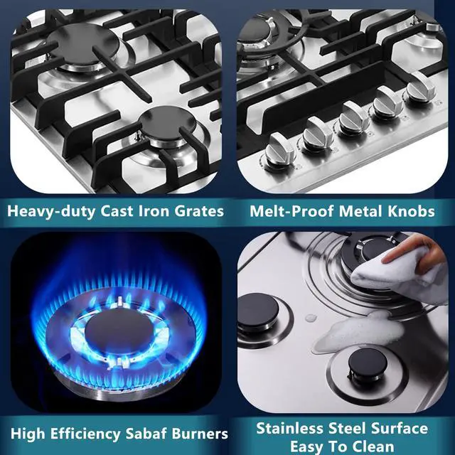 Alt view image 3 of 7 - 30 Inch Gas Cooktop, Stainless Steel Built-in 5 Burners Gas Stovetop LPG/NG Convertible Gas Stove Top Dual Fuel Cooktop DM527-02