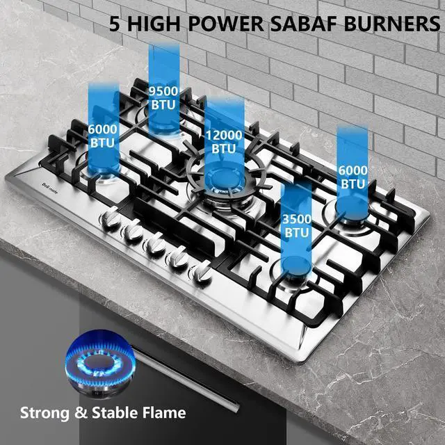 Alt view image 2 of 7 - 30 Inch Gas Cooktop, Stainless Steel Built-in 5 Burners Gas Stovetop LPG/NG Convertible Gas Stove Top Dual Fuel Cooktop DM527-02