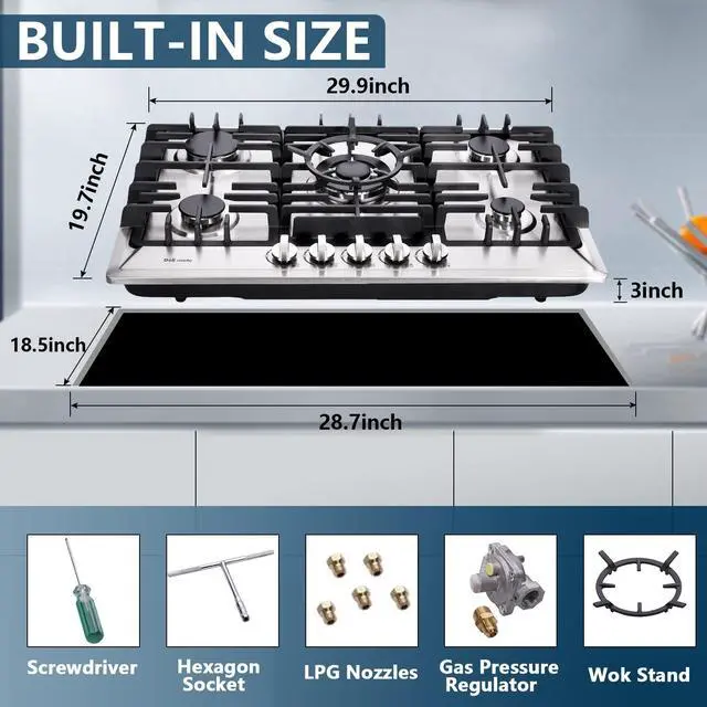 Alt view image 4 of 7 - 30 Inch Gas Cooktop, Stainless Steel Built-in 5 Burners Gas Stovetop LPG/NG Convertible Gas Stove Top Dual Fuel Cooktop DM527-02