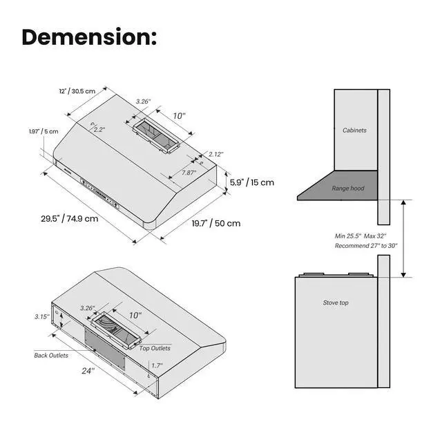 Alt view image 2 of 7 - 30 Inch Under Cabinet Range Hood, 900 CFM with 4-Speed Gesture Sensing & Touch Control, Stainless Steel Range Hood