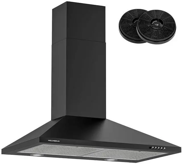 Main image of Range Hood 30 inch, 450 CFM Wall Mount Kitchen Hood in Cold Steel with Black Powder Coating Finish, LED Lighting, 3 Speed Exhaust Fan, Ducted/Ductless Convertible (Charcoal Filters Included)