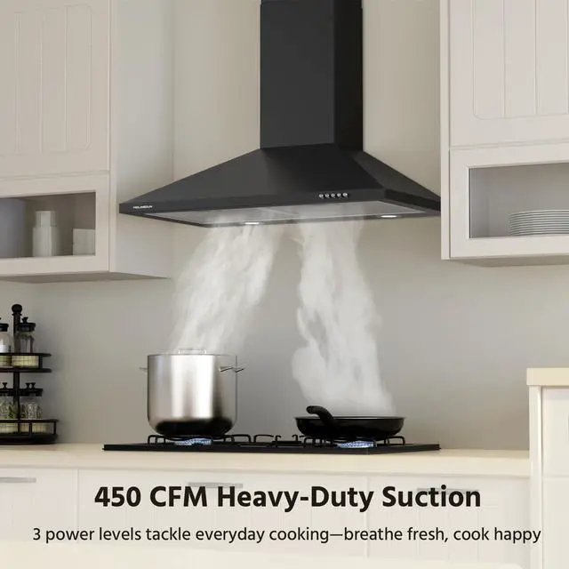 Alt view image 2 of 7 - Range Hood 30 inch, 450 CFM Wall Mount Kitchen Hood in Cold Steel with Black Powder Coating Finish, LED Lighting, 3 Speed Exhaust Fan, Ducted/Ductless Convertible (Charcoal Filters Included)