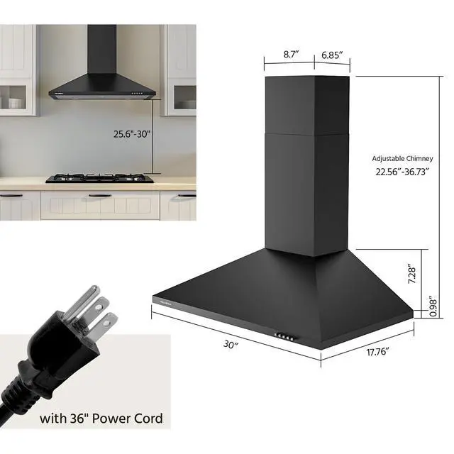 Alt view image 3 of 7 - Range Hood 30 inch, 450 CFM Wall Mount Kitchen Hood in Cold Steel with Black Powder Coating Finish, LED Lighting, 3 Speed Exhaust Fan, Ducted/Ductless Convertible (Charcoal Filters Included)