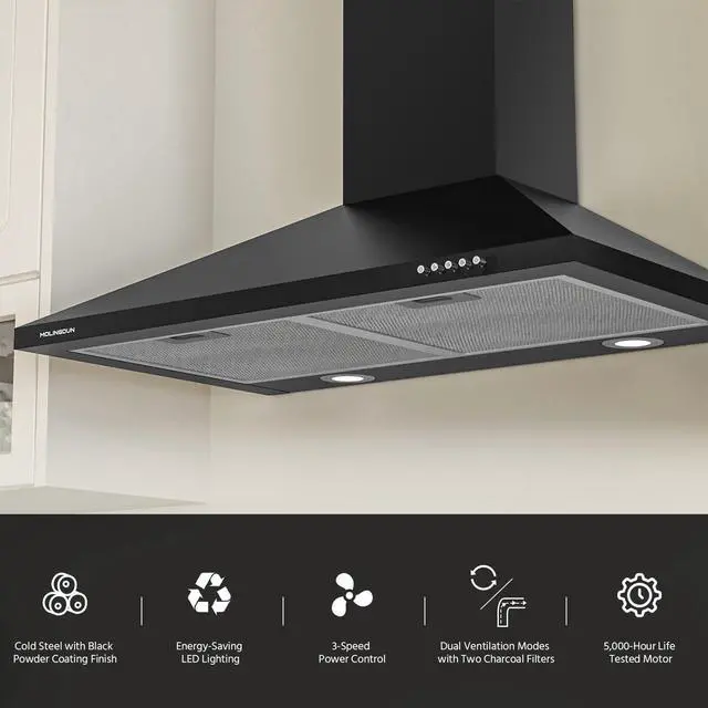 Alt view image 4 of 7 - Range Hood 30 inch, 450 CFM Wall Mount Kitchen Hood in Cold Steel with Black Powder Coating Finish, LED Lighting, 3 Speed Exhaust Fan, Ducted/Ductless Convertible (Charcoal Filters Included)