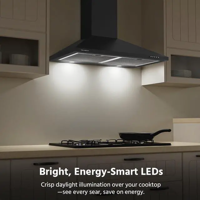 Alt view image 6 of 7 - Range Hood 30 inch, 450 CFM Wall Mount Kitchen Hood in Cold Steel with Black Powder Coating Finish, LED Lighting, 3 Speed Exhaust Fan, Ducted/Ductless Convertible (Charcoal Filters Included)