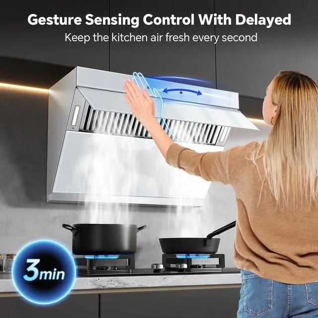 Alt view image 2 of 7 - 30 inch Under Cabinet Range Hood, 900 CFM, Heating Auto-cleaning | Wall mount compatible, gesture & touch control, tempered glass, 3-speed exhaust fan, baffle filters, kitchen vent hood