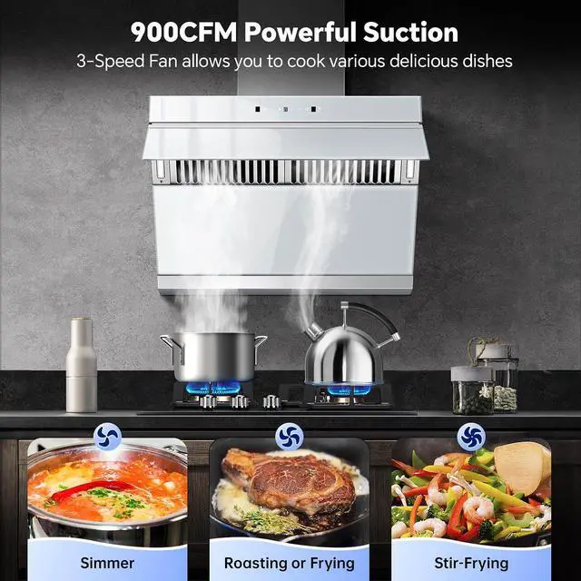 Alt view image 3 of 7 - 30 inch Under Cabinet Range Hood, 900 CFM, Heating Auto-cleaning | Wall mount compatible, gesture & touch control, tempered glass, 3-speed exhaust fan, baffle filters, kitchen vent hood
