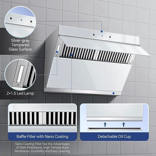 Alt view image 4 of 7 - 30 inch Under Cabinet Range Hood, 900 CFM, Heating Auto-cleaning | Wall mount compatible, gesture & touch control, tempered glass, 3-speed exhaust fan, baffle filters, kitchen vent hood