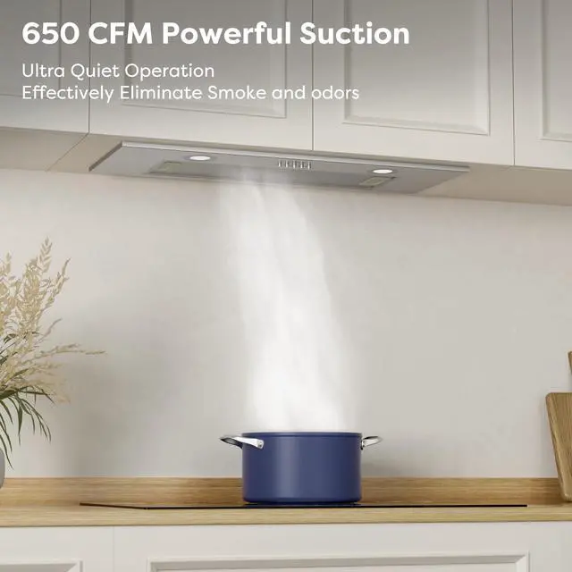 Alt view image 2 of 7 - Range Hood Insert 30 inch 650CFM, Ducted/Ductless Convertible Duct, Built-in Kitchen Stove Hood with 3 Speed Button Controls, 8.5 Sones Low Noise, 2 LED Lights,Washable Filters