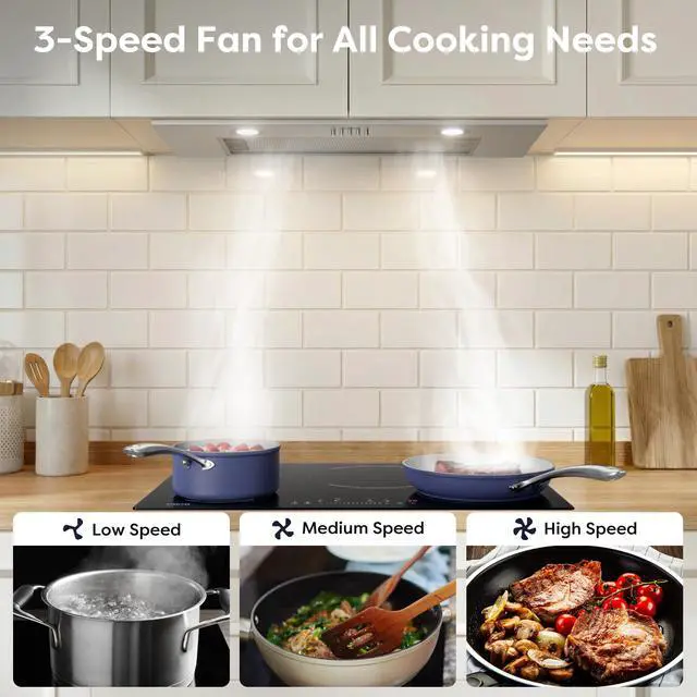 Alt view image 5 of 7 - Range Hood Insert 30 inch 650CFM, Ducted/Ductless Convertible Duct, Built-in Kitchen Stove Hood with 3 Speed Button Controls, 8.5 Sones Low Noise, 2 LED Lights,Washable Filters