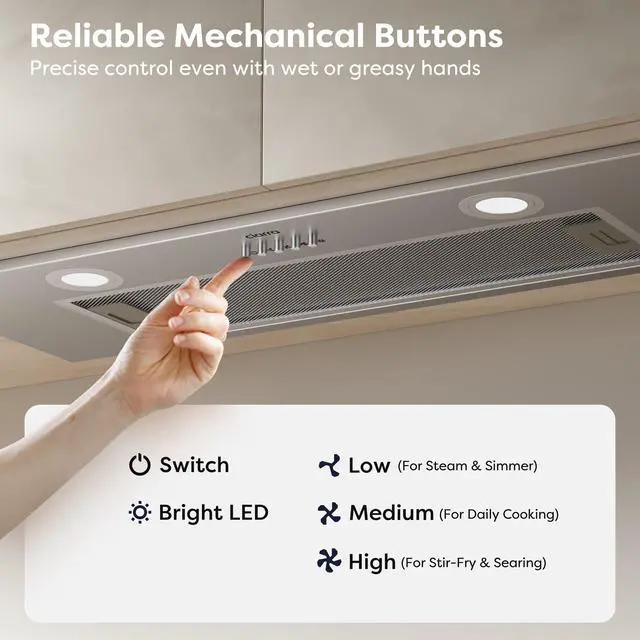 Alt view image 7 of 7 - Range Hood Insert 30 inch 650CFM, Ducted/Ductless Convertible Duct, Built-in Kitchen Stove Hood with 3 Speed Button Controls, 8.5 Sones Low Noise, 2 LED Lights,Washable Filters