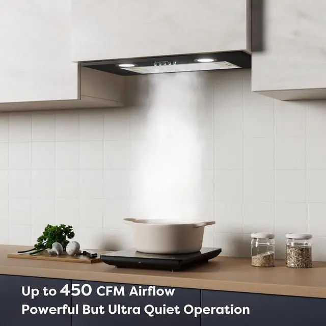 Alt view image 2 of 7 - Insert Range Hood 20 inch 650 CFM Kitchen Stove Vent Hood with LED Light, 3 Speed Exhaust Fan, Push Button, Black, CAB52913E-N