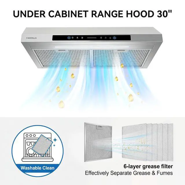 Alt view image 2 of 7 - 30 Inch Under Cabinet Range Hood, 700 CFM Kitchen Vent Hood with Touch & Gesture Control, 3-Speed Quiet Operation, Stainless Steel with LED Lights, Ducted/Ductless