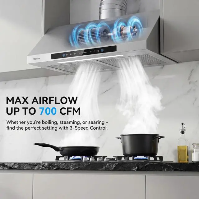 Alt view image 3 of 7 - 30 Inch Under Cabinet Range Hood, 700 CFM Kitchen Vent Hood with Touch & Gesture Control, 3-Speed Quiet Operation, Stainless Steel with LED Lights, Ducted/Ductless