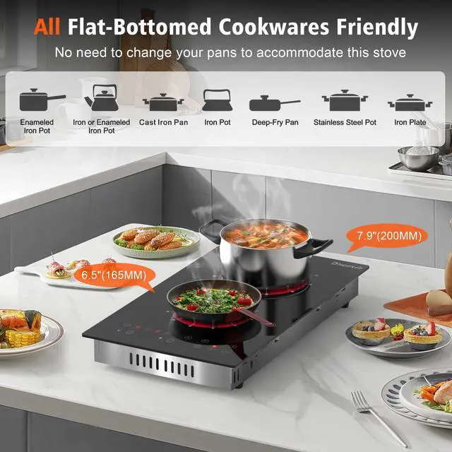 Alt view image 3 of 7 - 2 Burner Electric Cooktop 110V Portable Plug in 2000W | 12 Inch Two Burner Electric Stove Built-in & Countertop, Touch Control, 99-Min Timer, Safety Lock, 120V Portable Burner