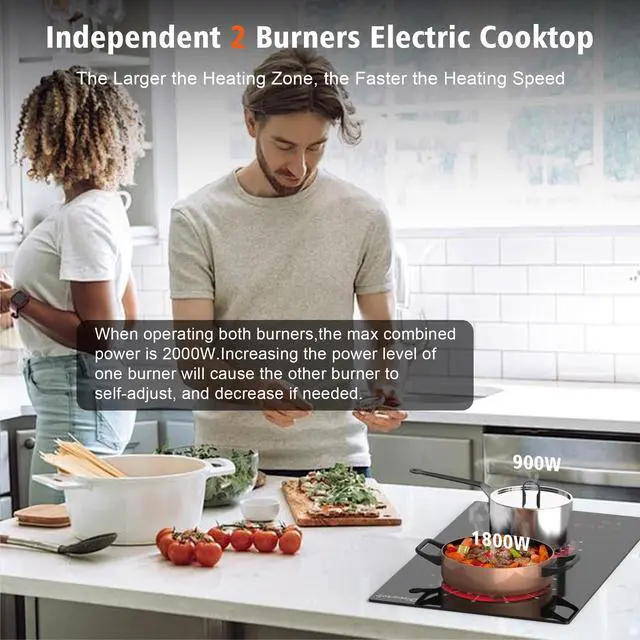 Alt view image 4 of 7 - 2 Burner Electric Cooktop 110V Portable Plug in 2000W | 12 Inch Two Burner Electric Stove Built-in & Countertop, Touch Control, 99-Min Timer, Safety Lock, 120V Portable Burner