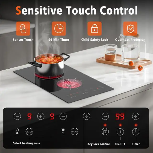 Alt view image 5 of 7 - 2 Burner Electric Cooktop 110V Portable Plug in 2000W | 12 Inch Two Burner Electric Stove Built-in & Countertop, Touch Control, 99-Min Timer, Safety Lock, 120V Portable Burner