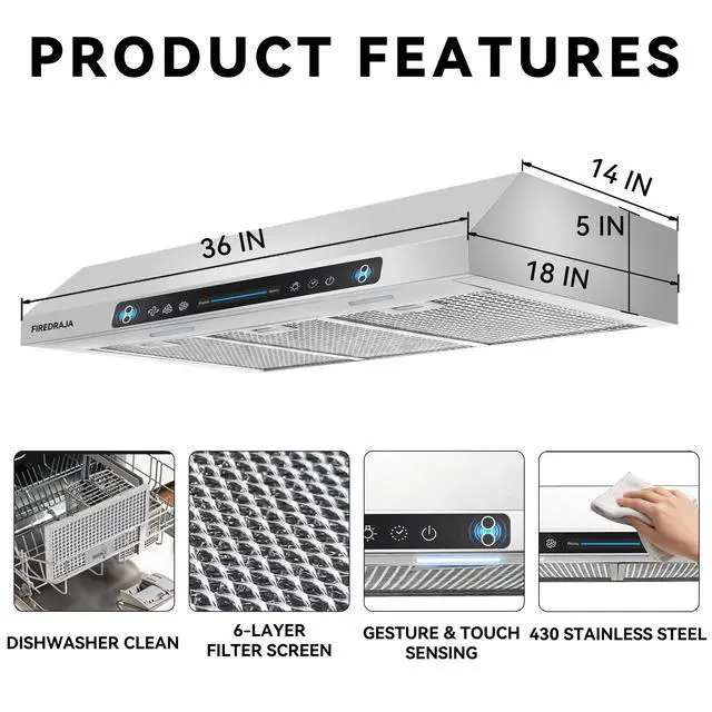 Alt view image 2 of 7 - 36 Inch(900mm) Under Cabinet Range Hood, 700 CFM Kitchen Vent Hood with Touch & Gesture Control, 3-Speed Quiet Operation, Stainless Steel with LED Lights, Ducted/Ductless